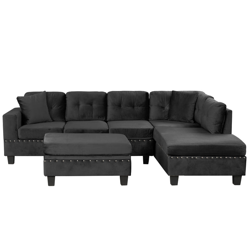 Modern Sectional Sofa With Storage Ottoman, L - Shape Couch With 2 Pillows And Cup Holders