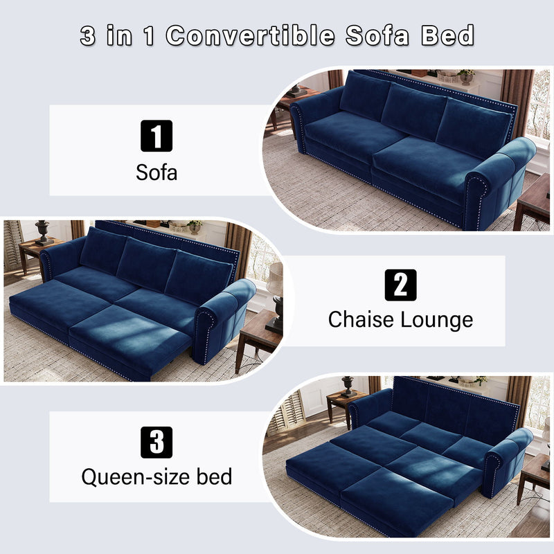 3 In 1 Convertible Sleeper Sofa With Nailhead Trim & Rolled Arm
