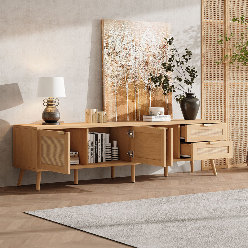 TV Stand, Media Console, 2 Drawers & Cable Management - Natural Wood