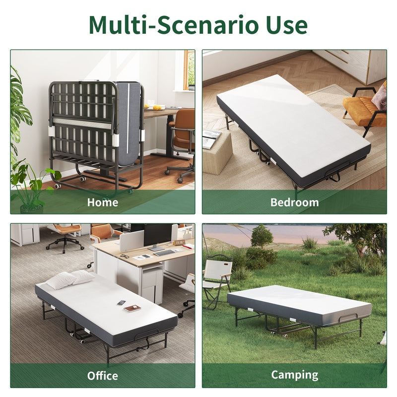 Twin Folding Bed With Memory Foam Mattress Portable Rollaway Bed Sturdy Metal Frame - Brushed Nickel