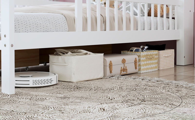 Bed With Headboard Storage Rack, 2 Under Bed Drawers, 3 Side Guardrails For Safety
