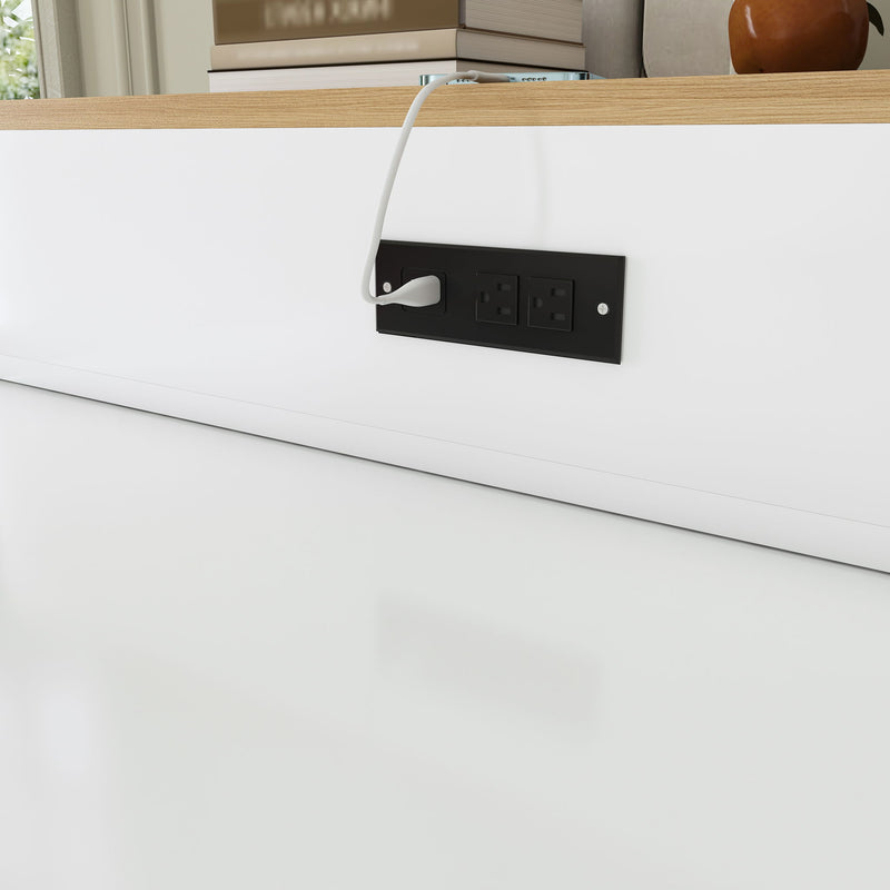 Extendable Dining Table With Power Socket, Lockable Casters, Storage Cabinet