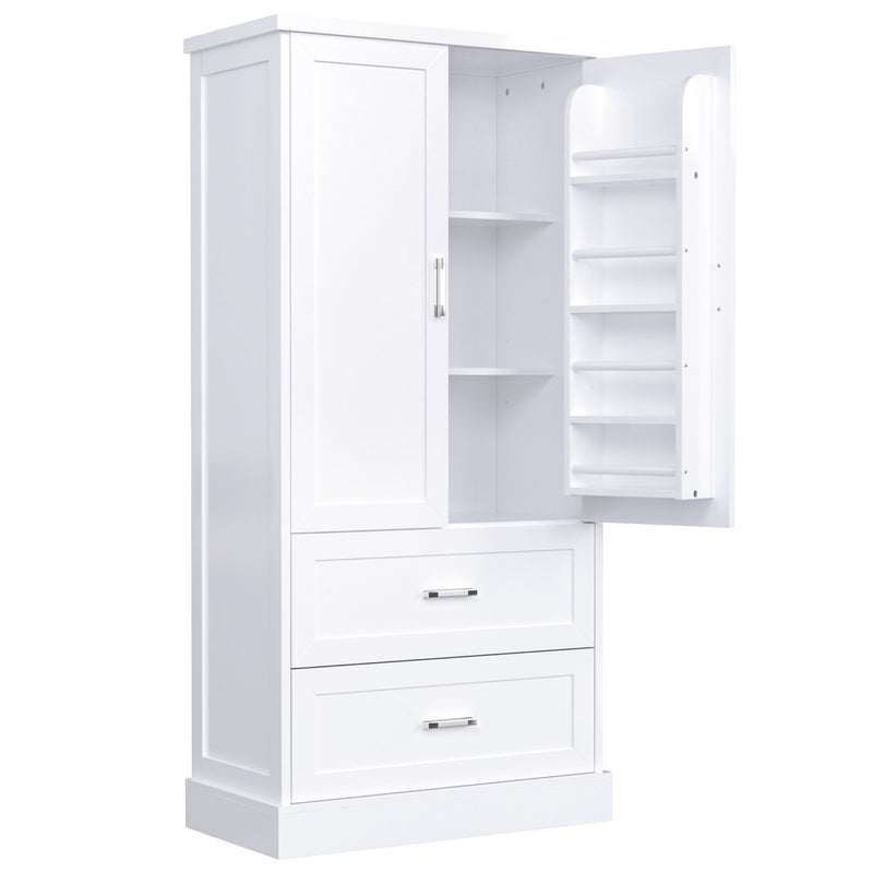 Tall Bathroom Storage Cabinet With 2 Doors And Drawers, Adjustable Shelf