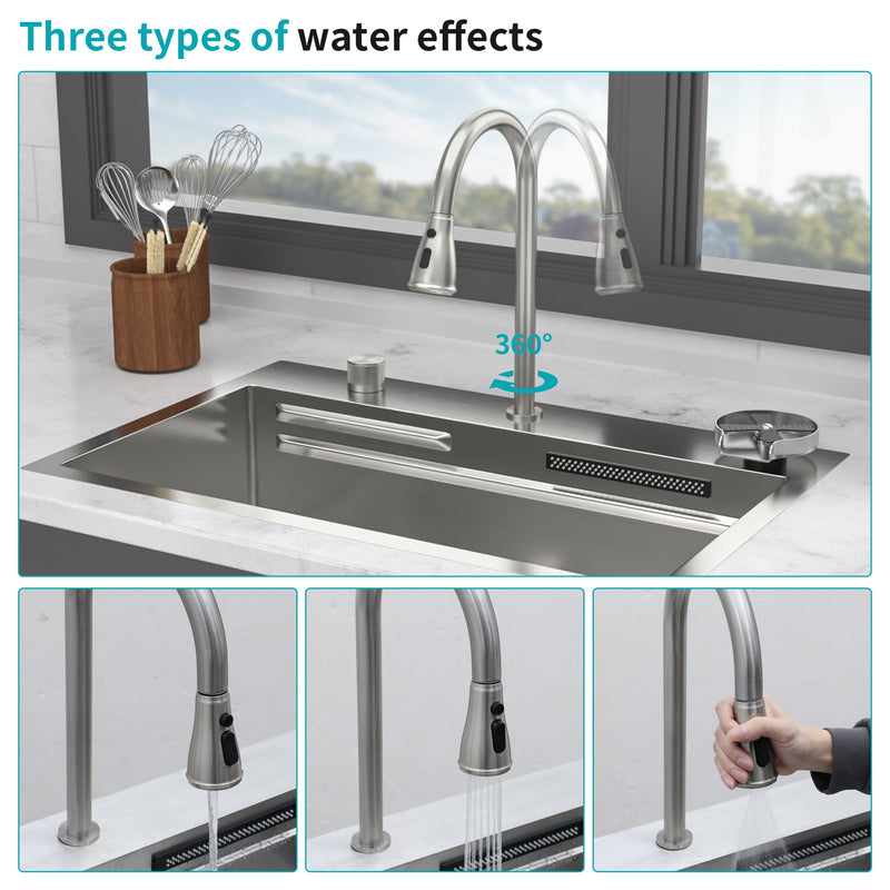 Drop In Waterfall Kitchen Sink With Pull Out Faucet & Cup Washer