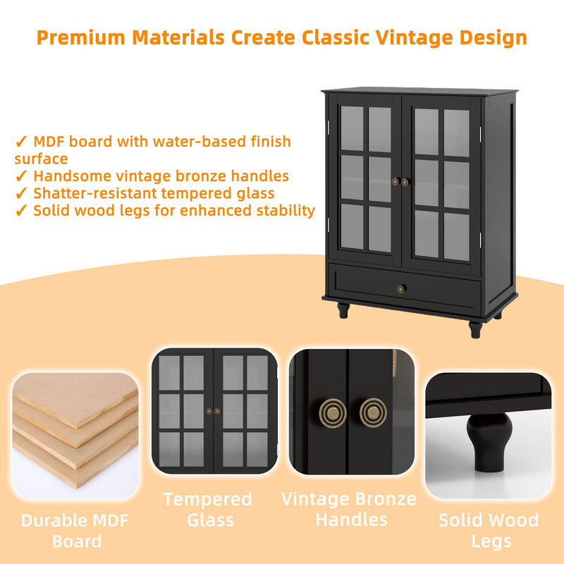 Minimalist Buffet Cabinet With Double Glass Doors And Drawer