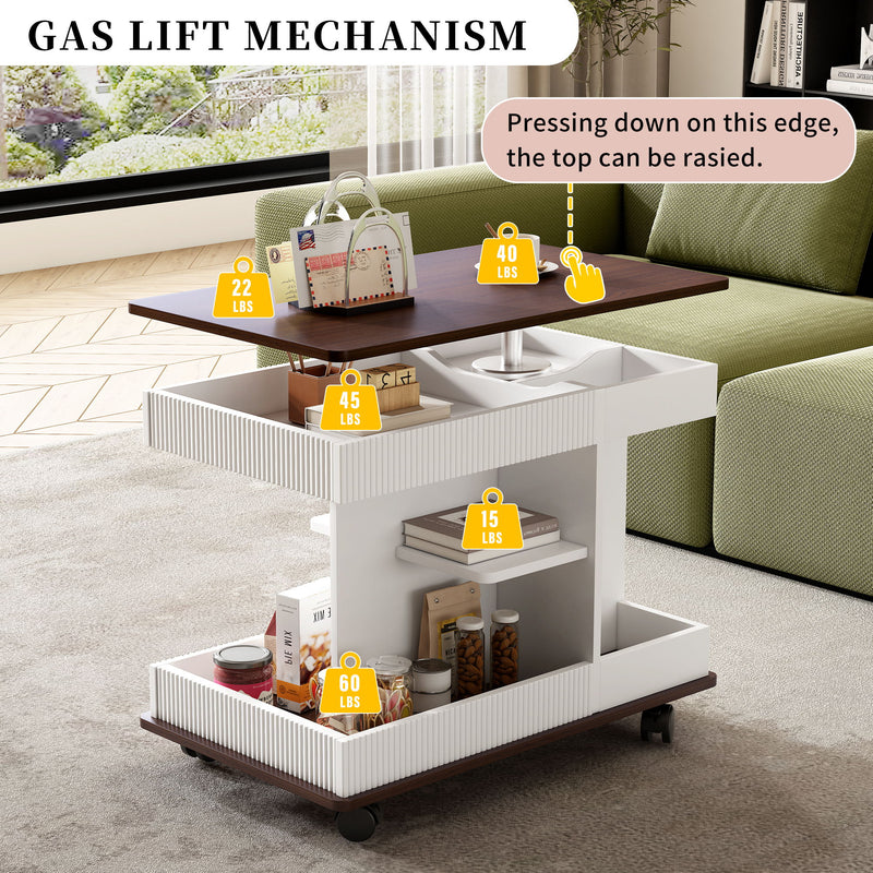 Adjustable End Table With Wheels, 360°Rotating Top And Storage Space