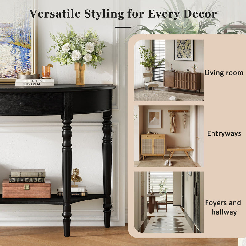 Half Moon Console Table With Drawer & Shelf