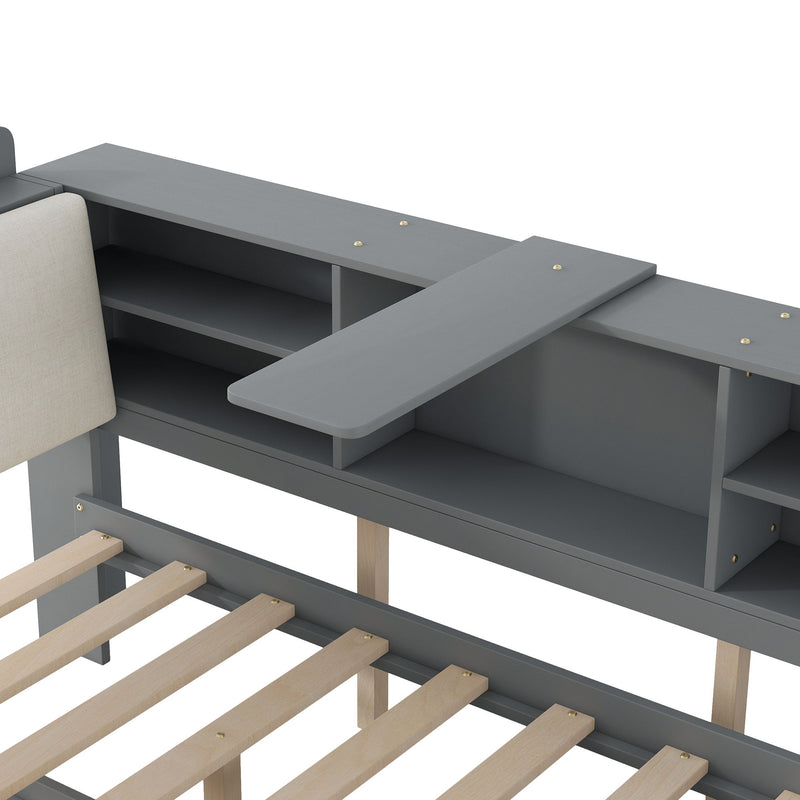 Platform Bed With Trundle, Shelves, And Storage Headboard