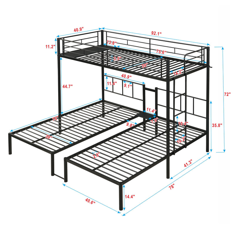 Twin Over Twin Over Twin Triple Bunk Bed With Safety Rails And Storage Shelf - Black