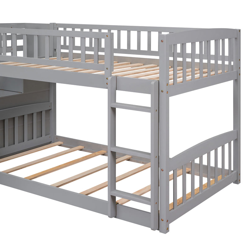 Twin Over Twin Bunk Stairway Bed With 2 Drawers And Slide - Gray