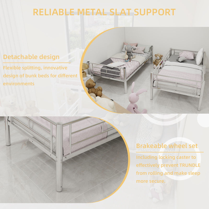 Metal Bunk Bed For Kids, Convertible Bedframe With Ladders & Guardrail