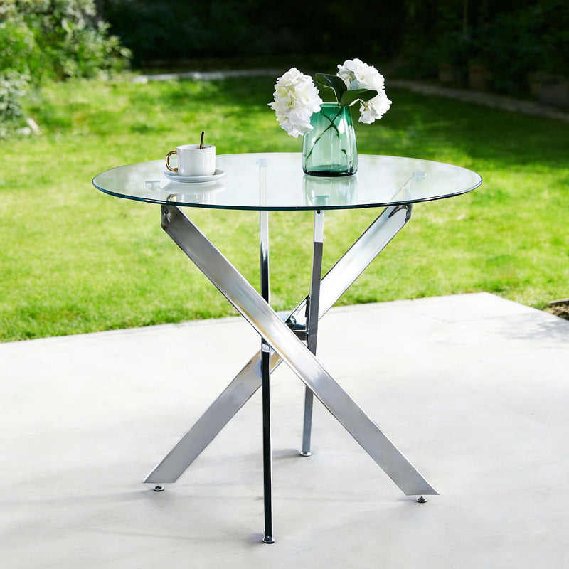 Dining Table With Cross Metal Leg And Tempered Glass, Modern Space Saving Kitchen Table For Living Room