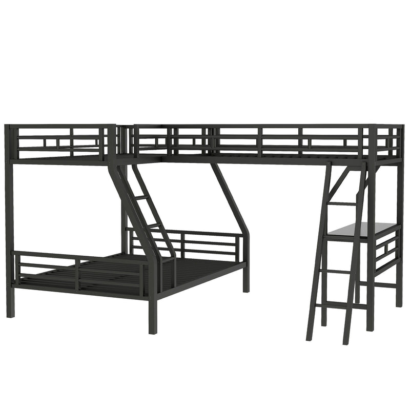 Twin Over Full Bunk Bed With Loft And Desk, L-Shaped Design For 3 Sleepers - Black