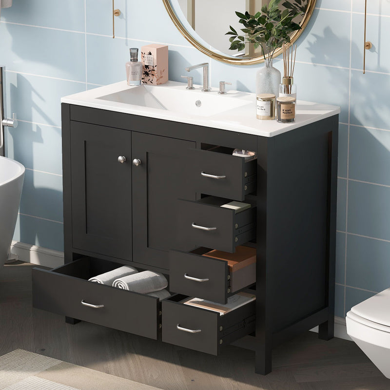 Bathroom Vanity With Ceramic Sink Combo, Abundant Storage Cabinet 2 Soft Close Doors And 5 Drawers