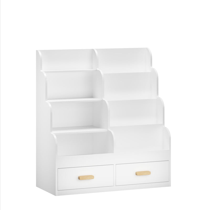 Bookshelf With 2 Storage Drawers, Front Facing Bookcase And Toy Organizer, Multi Tier Reading Shelf - White