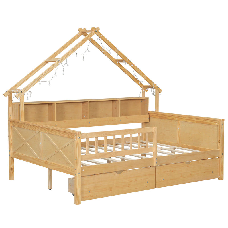 House Style Platform Bed With LED Lights, Storage Shelves, Drawers, And Guardrail
