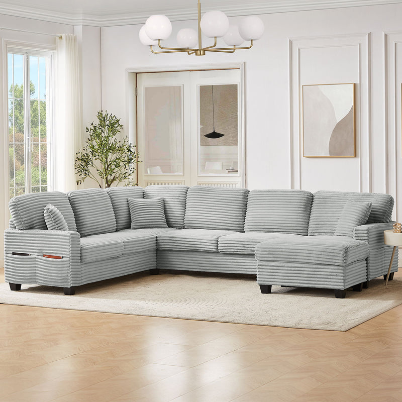Upholstered U-Shaped Sectional Sofa With Movable Ottoman And Side Storage Pockets