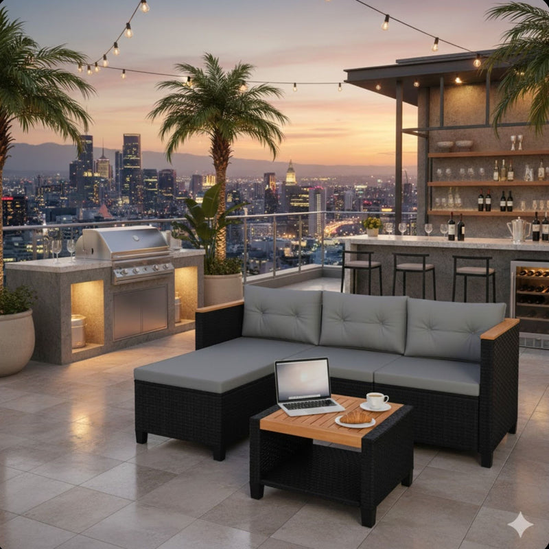 L-Shaped Patio Set With Cushions And Storage Table
