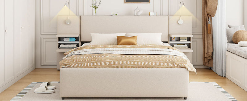 Upholstered Platform Bed With Reading Lights, Drawers, Trundle And Shelves