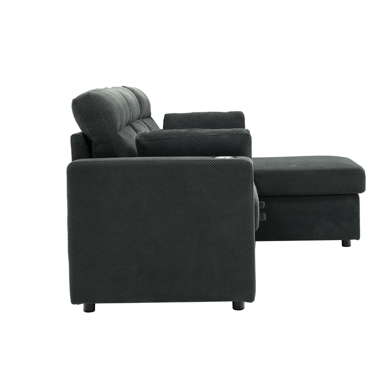 Convertible Sectional Sofa With Storage Chaise, Cup Holders And Pull Out Sleeper