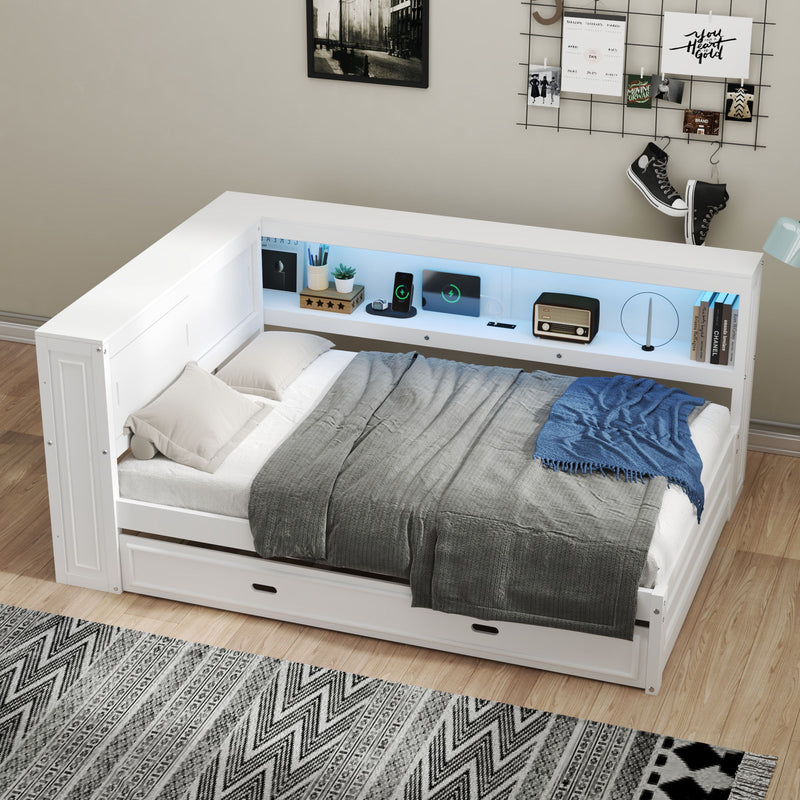 Daybed With Storage Shelves, LED, USB, And Trundle