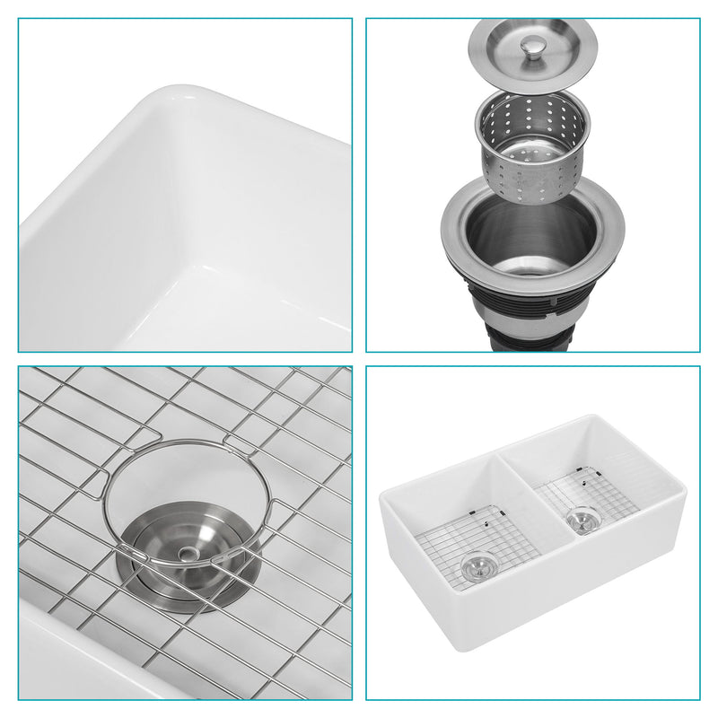 Sink 33" Double Bowl Kitchen Sink With Deep Bowls And Grids - White