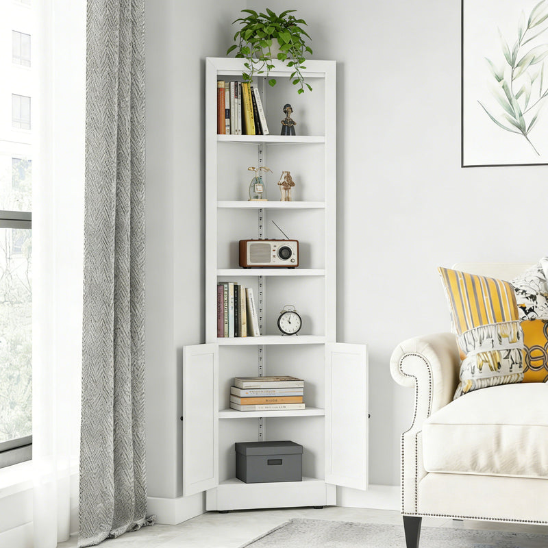 Tall Corner Storage Cabinet With 2 Doors, 5-Tier With Adjustable Shelves, Freestanding - White