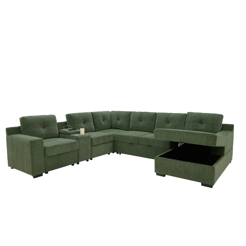 U - Shape Sectional Pull Out Bed With Console, Storage, And USB Charging