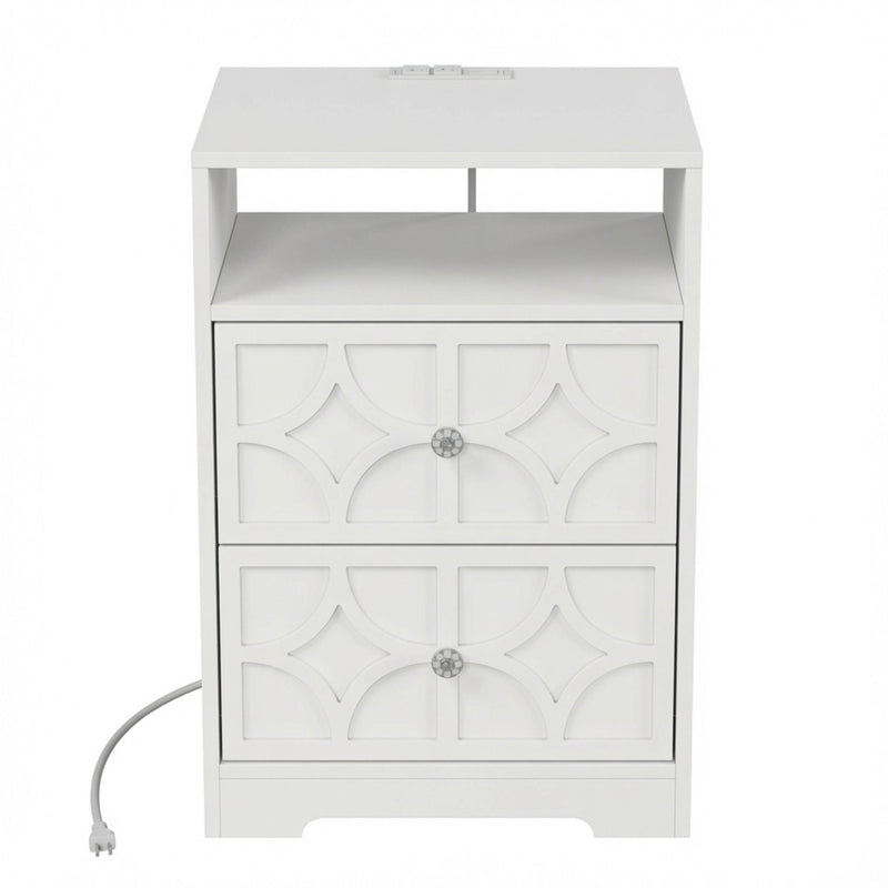 Nightstand With Diamond Carvings Handles, 2 Drawers & Charging Station