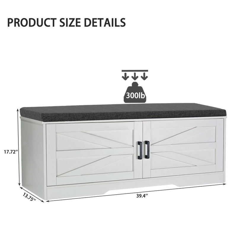 2 Tier Shoe Bench With Padded Seat, 2 Barn Doors And Adjustable Shelves, For Entryway And Living Room - White