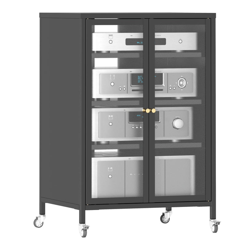 Media Storage Cabinet With Wheels, 4 Adjustable Glass Shelves & Door, Heavy-Duty - Black