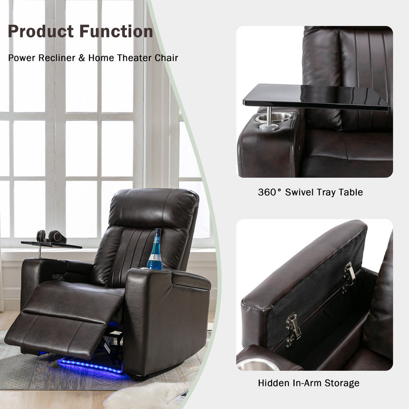 Power Recliner & Storage Arms, Cupholders, Swivel Tray Table And Cell Phone Stand