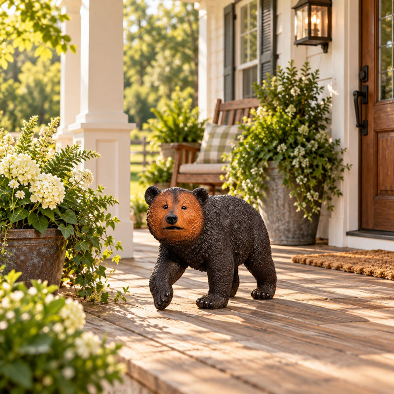 Bear Garden Statue, Walking Animal Sculpture With 2 Ground Stakes For Outdoor Decor - Black