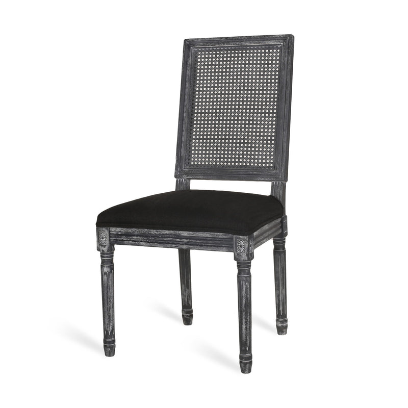 French Country Dining Chair With Rectangular Cane Backrest And Smooth Upholstered Seating