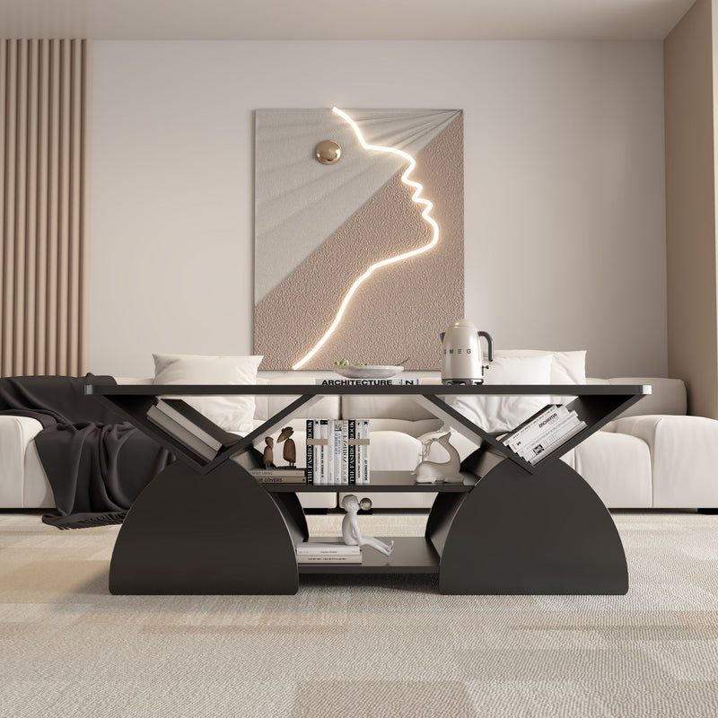 Geometric Engineered Coffee Table With Rounded Corners With Open Shelves
