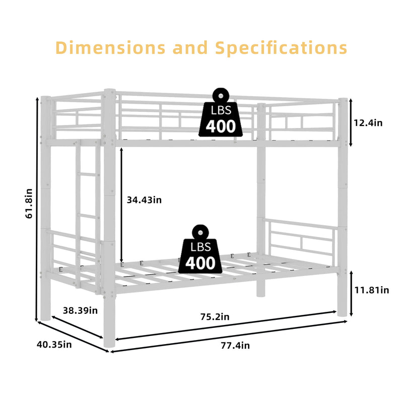 Metal Bunk Bed For Kids, Convertible Bedframe With Ladders & Guardrail