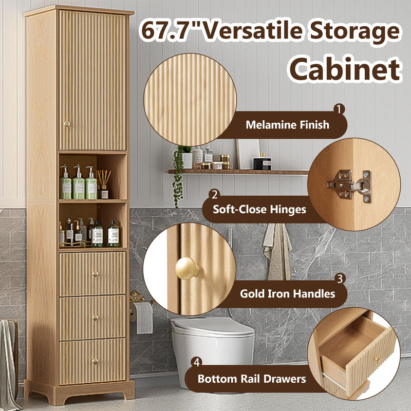 Tall Bathroom Cabinet With 1 Door, 3 Drawers, Open Storage - Wood