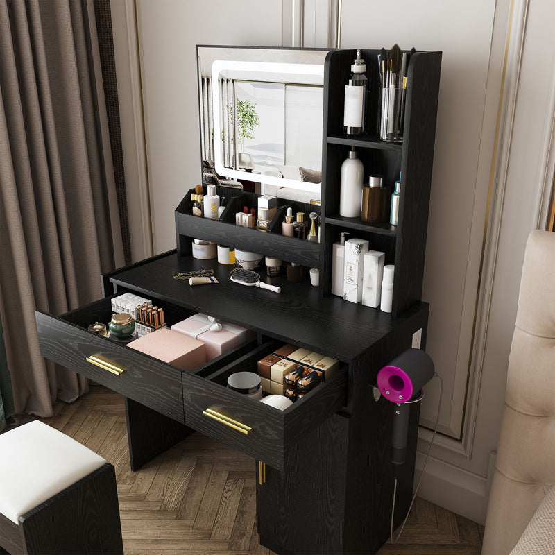 Vanity Desk With LED Mirror Lights And Charging Outlet