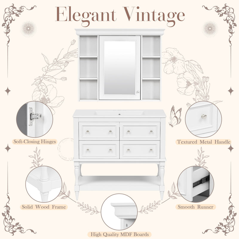 Bathroom Vanity With Medicine Cabinet, Storage Cabinet With 4 Drawers, Adjustable Shelf Mirror