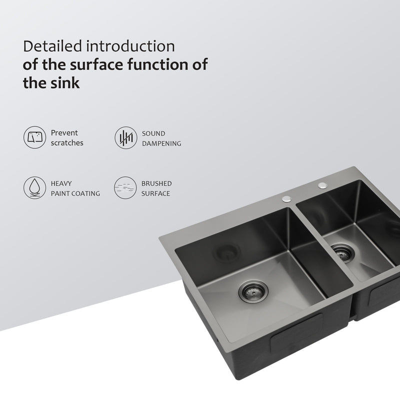 Double Bowl Kitchen Sink 16 Gauge 33" X 22" With 2 10" Deep Basins - Gunmetal Black