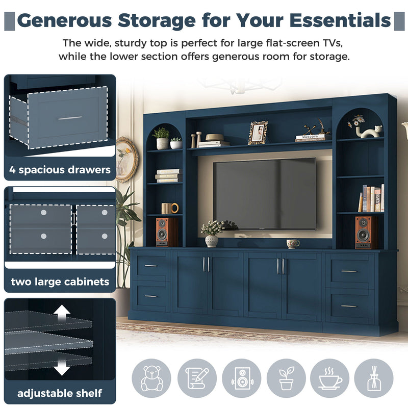 Arched Entertainment Center Wall Unit With Drawers With Adjustable Shelves For Living Room - Blue