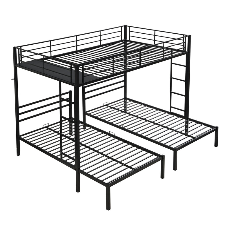 Modern Metal Triple Bunk Bed With Vertical Ladder, Safety Rail, And Storage Shelf - Black