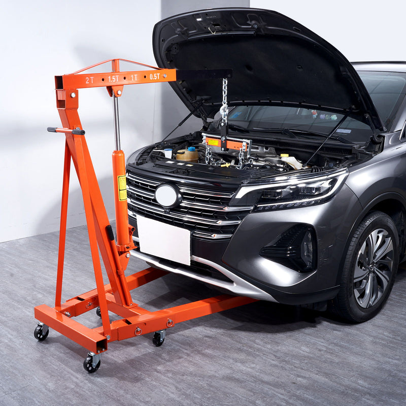 Hydraulic Engine Hoist With Lever, 2 Ton Capacity, Foldable Design For Auto Repair - Orange