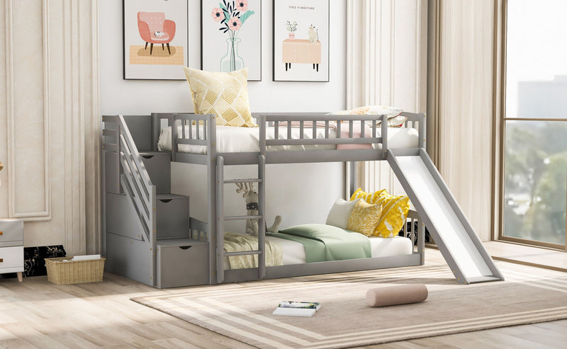 Twin Over Twin Bunk Stairway Bed With 2 Drawers And Slide - Gray