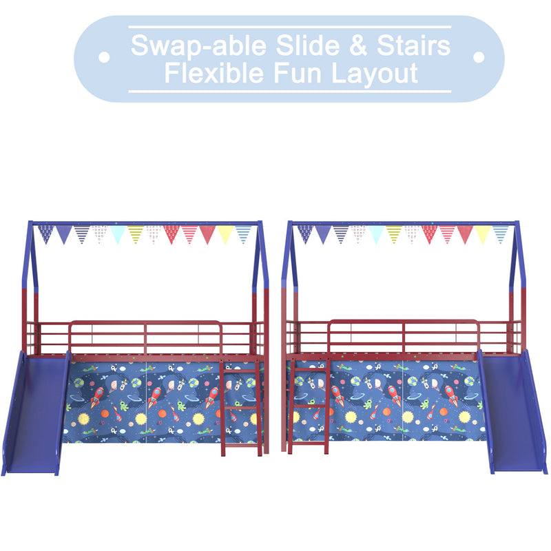 Jack - House Loft Bed With Slide And Curtain Set