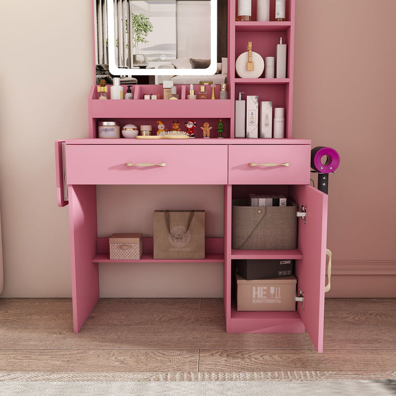 Vanity Desk With LED Mirror Lights And Charging Outlet