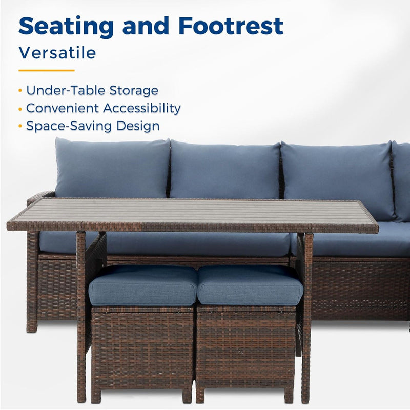 7 Piece Patio Dining Set With Cushions, Modular Sectional Sofa & Storage Table