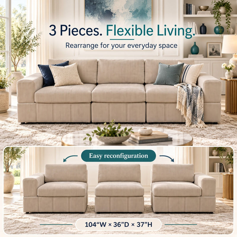 Oversized Modular Sectional Sofa 3 Piece Set, Flexible Layout For Living Room