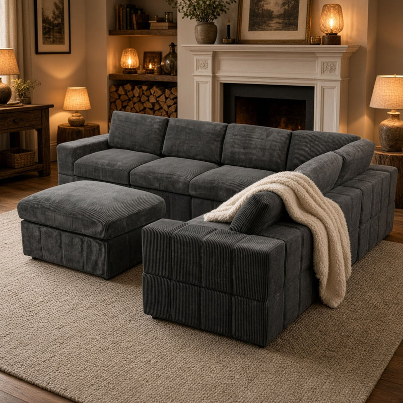 Oversized Modular Sectional Sofa, 7 Piece Reversible With Ottoman - Dark Gray