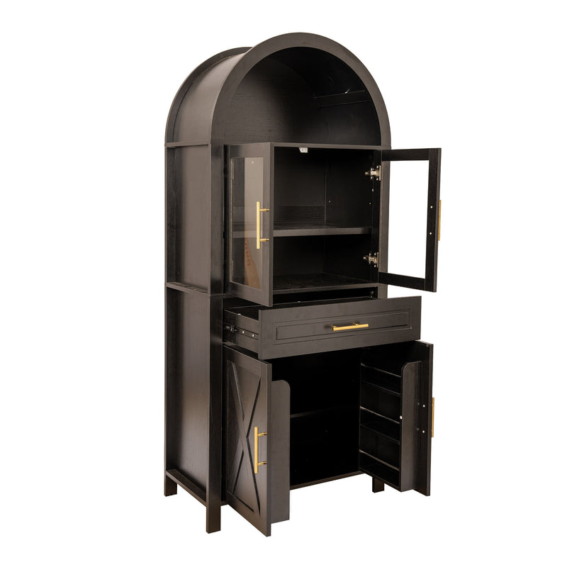 Arched Kitchen Pantry Cabinet With Adjustable Shelves & Barn Door Design